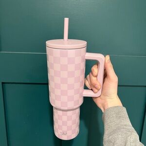 Pink Checkered Tumbler with Straw